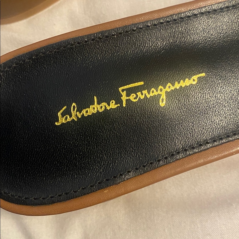 Salvatore Ferragamo Tan Leather Crystal Buckle Slide Mules - Picture 8 of 8